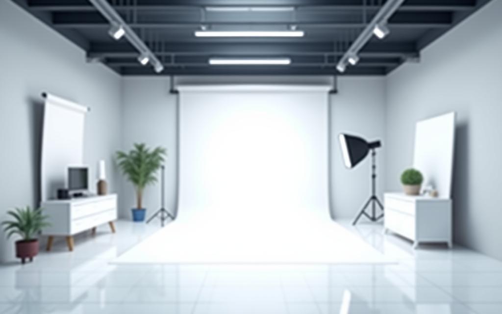Panoramic view of Studio Click Arte interior with professional lighting setup