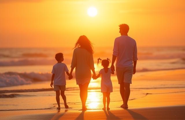 Happy family walking on the beach during sunset photoshoot