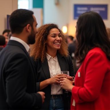 Candid photo of people networking at a corporate event